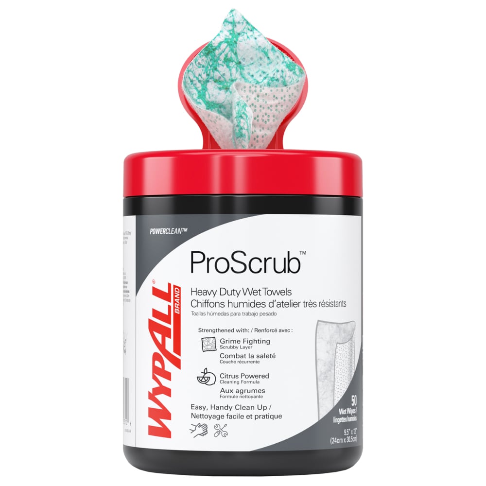 Chiffons humides d’atelier très résistants WypAll® PowerClean™ ProScrub™ (58310), nettoyage à double action, grands chiffons de 24,13 cm x 30,48 cm (9,5 po x 12 po), contenant inclus (50 feuilles/contenant, 8 contenants/caisse, 400 feuilles/caisse) - 58310