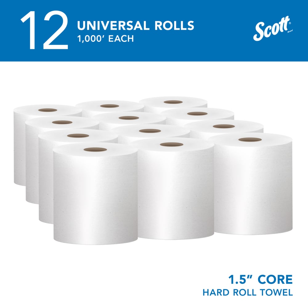 Scott® Essential Universal High-Capacity Hard Roll Towels (01000), with Absorbency Pockets™, 1.5" Core, White, (1,000'/Roll, 12 Rolls/Case, 12,000'/Case) - 01000