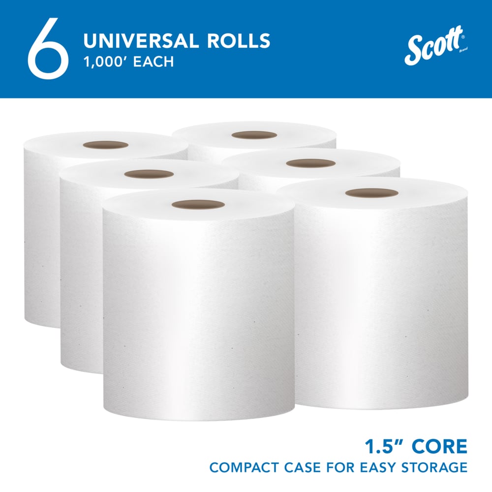 Scott® Essential Universal High-Capacity Hard Roll Towels (01005), with Absorbency Pockets™, 1.5" Core, White, (1,000'/Roll, 6 Rolls/Case, 6,000'/Case) - 01005