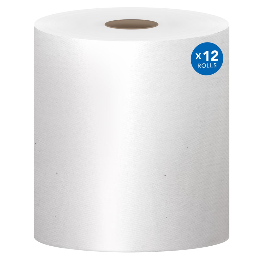 Essuie-mains en rouleau universels Scott® Essential (01040), avec technologie Absorbency Pockets™, mandrin de 1,5 po, blancs (800 pi/rouleau, 12 rouleaux/caisse, 9 600 pi/caisse) - 01040