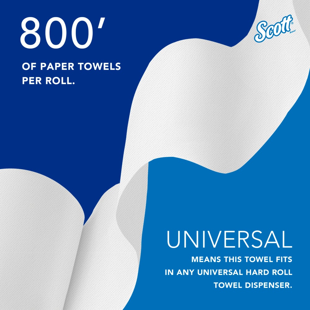 Scott® Universal 100% Recycled Fiber Hard Roll Towels (01052), with Absorbency Pockets™, 1.5" Core, White, (800'/Roll, 12 Rolls/Case, 9,600'/Case) - 01052