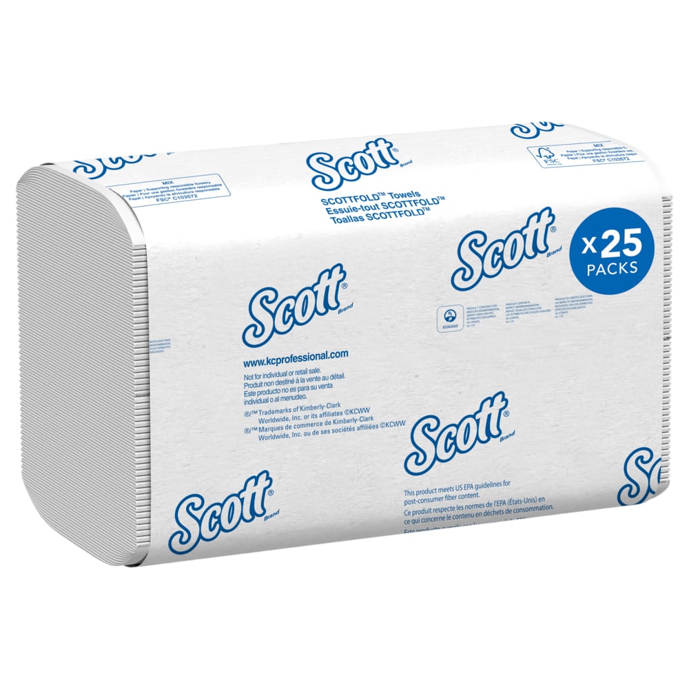 Essuie-mains à plis multiples Scott® Pro™ Scottfold™ (01980), avec technologie Absorbency Pockets™, feuilles de 23,88 cm x 31,50 cm (9,4 po x 12,4 po), blanches (175 feuilles/paquet, 25 paquets/caisse, 4 375 feuilles/caisse);Essuie-mains à plis multiples (01980) avec pochettes d’air à séchage rapide Scott Pro Scottfold, blancs, 25 paquets/caisse, 175 essuie-mains à triple plis/paquet, 4 375 essuie-mains/caisse - 01980