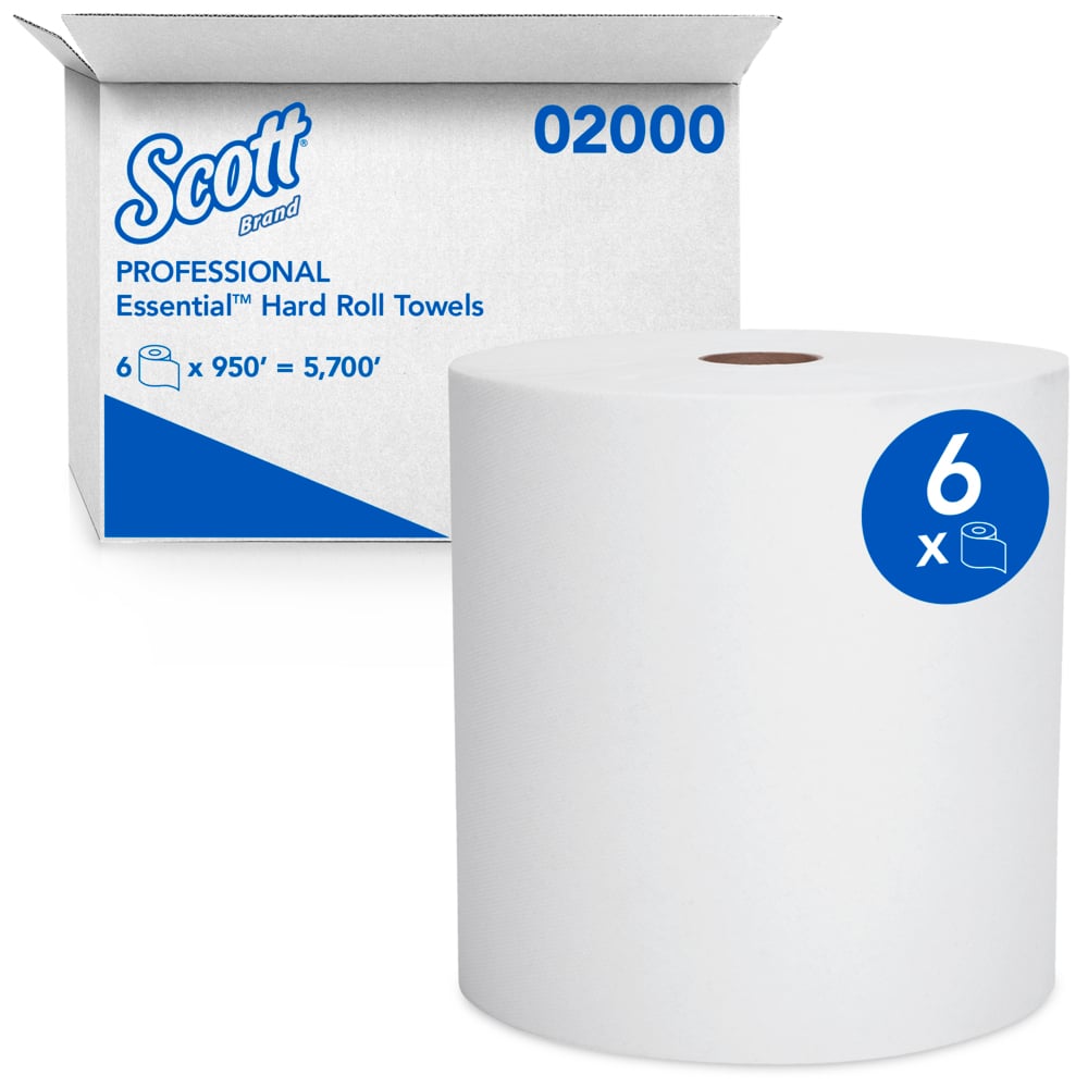 Scott® Essential High Capacity Hard Roll Paper Towels (02000), 1.75" Core, White, Compact Case for Easy Storage, (6 Rolls/Case, 950'/Roll, 5,700'/Case) - 02000