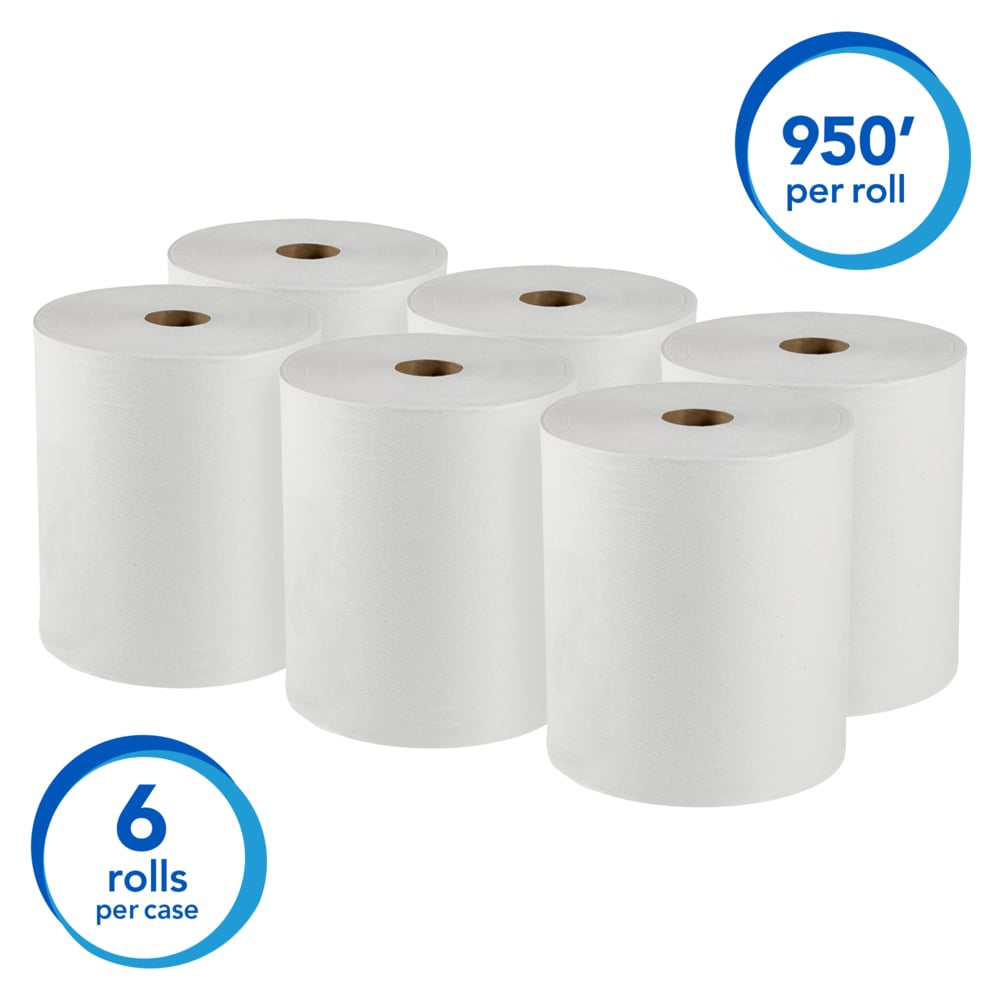 Scott® Essential High Capacity Hard Roll Paper Towels (02000), 1.75" Core, White, (950'/Roll, 6 Rolls/Case, 5,700'/Case) - 02000