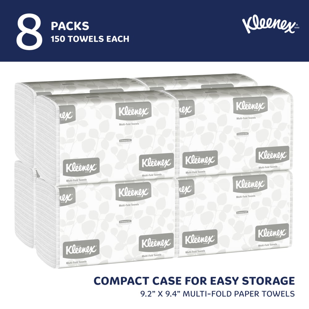 Kleenex® Multifold Paper Towels (02046), 1-Ply, 9.2" x 9.4" sheets, White, (150 Sheets/Pack, 8 Packs/Case, 1,200 Sheets/Case) - 02046