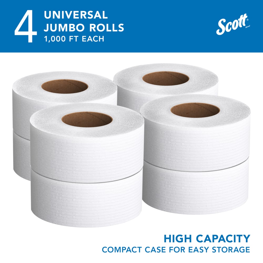 Scott® High-Capacity Jumbo Roll Toilet Paper (03148), 2-Ply, White, Non-perforated, Compact Case for Easy Storage, (1,000'/Roll, 4 Rolls/Case, 4,000'/Case) - 03148