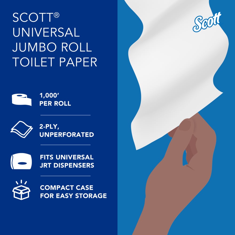 Scott® High-Capacity Jumbo Roll Toilet Paper (03148), 2-Ply, White, Non-perforated, Compact Case for Easy Storage, (1,000'/Roll, 4 Rolls/Case, 4,000'/Case) - 03148