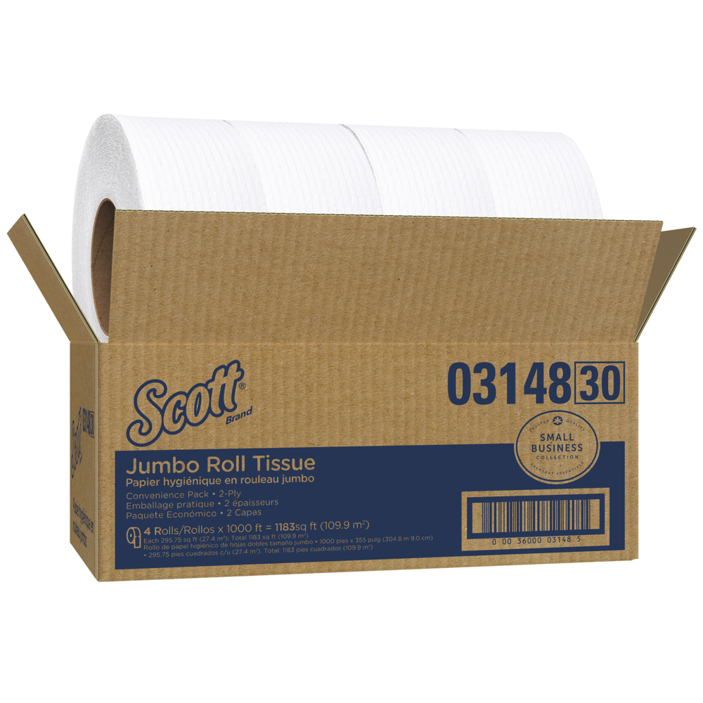 Papier hygiénique en rouleau format géant grande capacité Scott® (03148), 2 épaisseurs, blanc, non perforé, caisse compacte pour un stockage facile (1 000 pi/rouleau, 4 rouleaux/caisse, 4 000 pi/caisse) - 03148