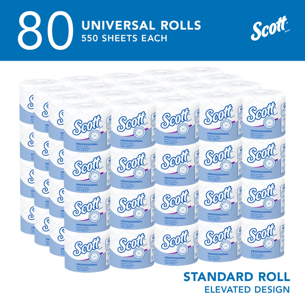 Scott® Professional Standard Roll Toilet Paper (04460), with Elevated Design, 2-Ply, White, Individually wrapped rolls, (550 Sheets/Roll, 80 Rolls/Case, 44,000 Sheets/Case) - 04460