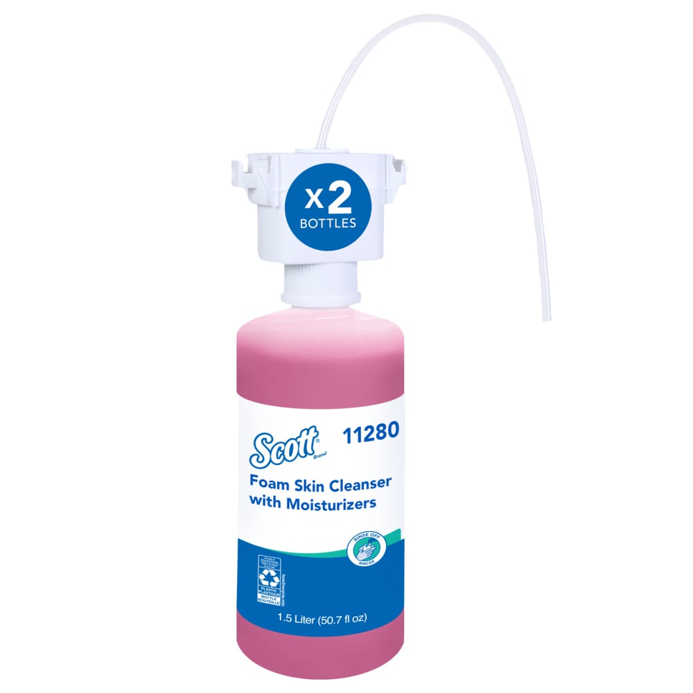 Savon moussant pour les mains Scott® avec agents hydratants (11280), recharges de savon pour les mains de 1,5 L rose, à parfum floral, à installer sous le comptoir pour les distributrices de comptoir Kimberly-Clark Professional® (2 bouteilles/caisse) - 11280