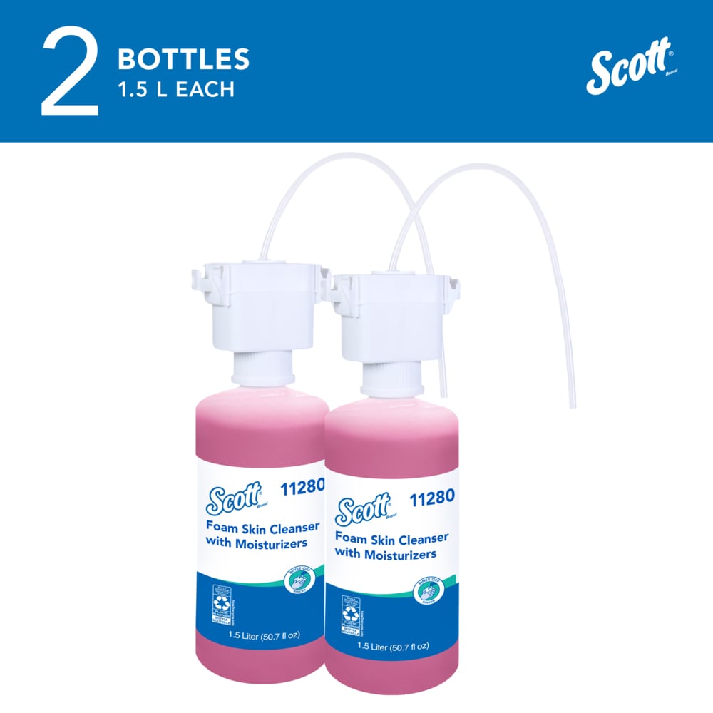 Scott® Foam Hand Soap with Moisturizers (11280), 1.5 L Pink, Floral Scent Under-Counter Hand Soap Refills for Kimberly-Clark Professional® Automatic Counter-Mount Dispensers (2 Bottles/Case) - 11280