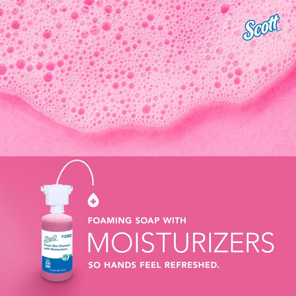 Scott® Foam Hand Soap with Moisturizers (11280), 1.5 L Pink, Floral Scent Under-Counter Hand Soap Refills for Kimberly-Clark Professional® Automatic Counter-Mount Dispensers (2 Bottles/Case) - 11280