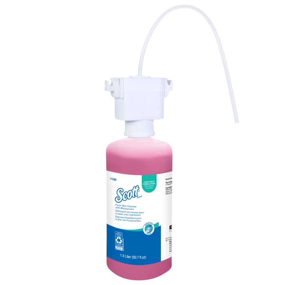 Savon moussant pour les mains Scott® avec agents hydratants (11280), recharges de savon pour les mains de 1,5 L rose, à parfum floral, à installer sous le comptoir pour les distributrices de comptoir Kimberly-Clark Professional® (2 bouteilles/caisse) - 11280