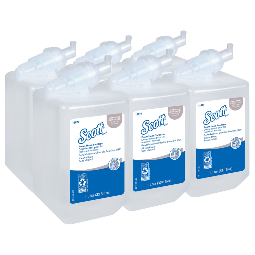 Scott® Foam Hand Sanitizer (12977), 1.0 L Manual Refills, Clear, Unscented, (6 Bottles/Case) - 12977