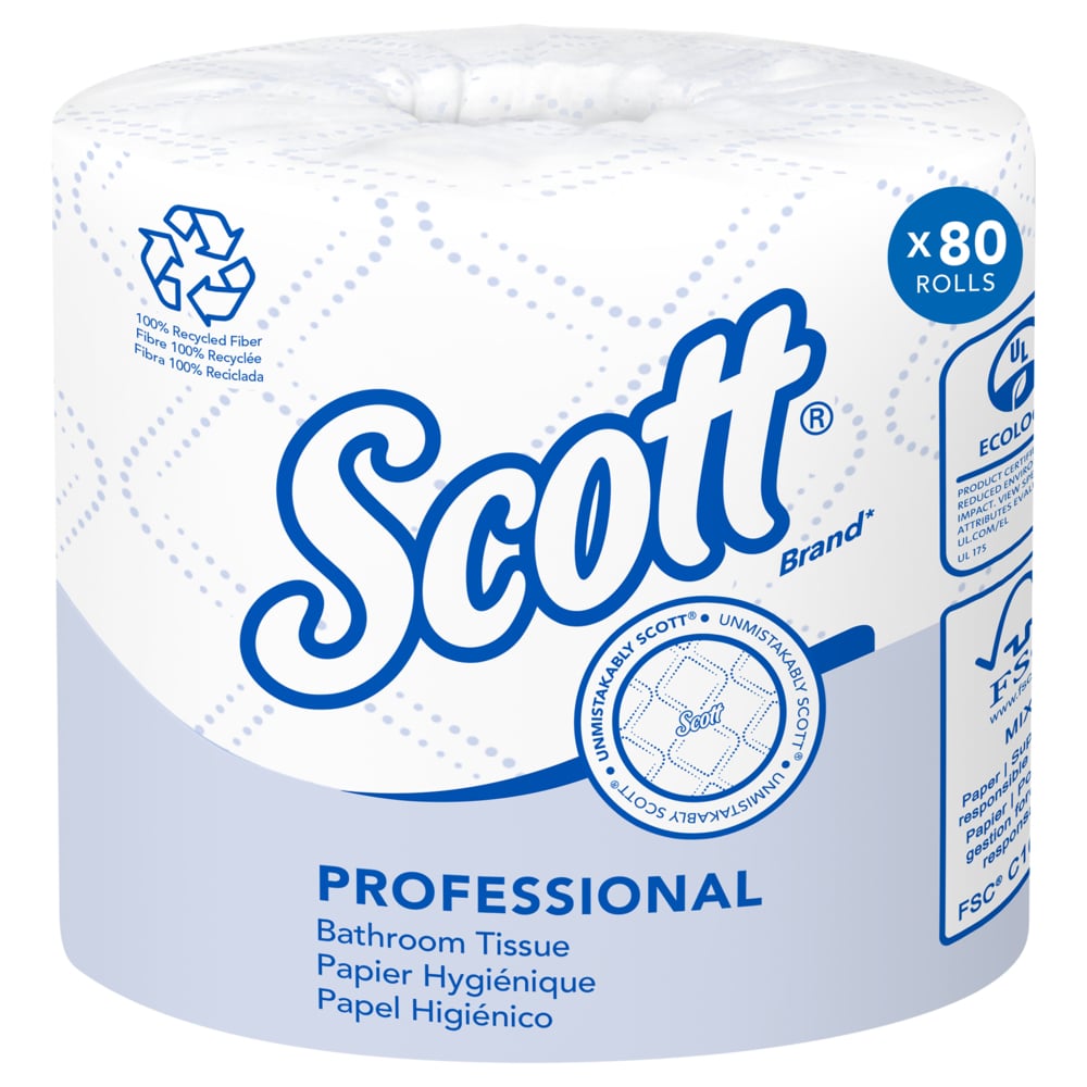 Scott® Professional 100% Recycled Fiber Standard Roll Toilet Paper (13217), with Elevated Design, 2-Ply, White, Individually wrapped rolls, (473 Sheets/Roll, 80 Rolls/Case, 37,840 Sheets/Case) - 13217