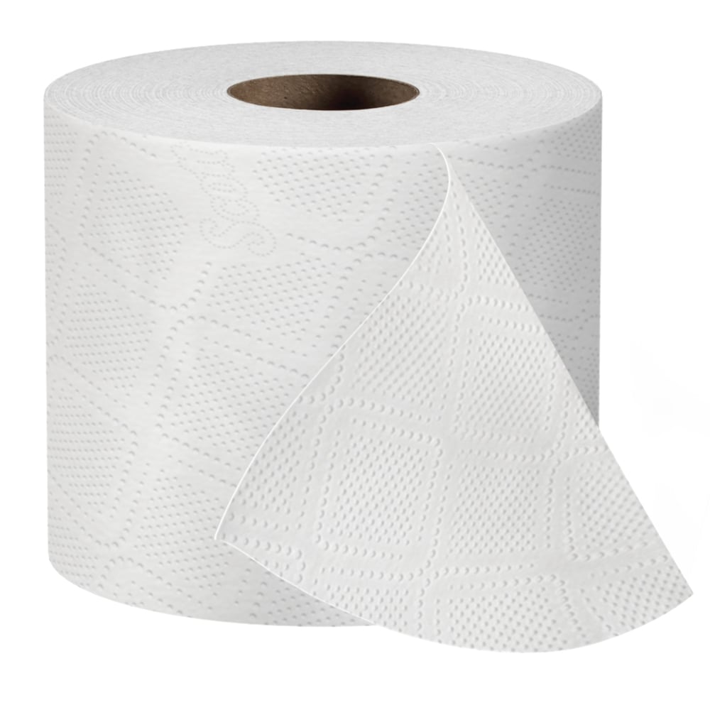 Papier hygiénique en rouleau standard fait de fibres recyclées à 100 % Scott® (13217), avec design rehaussé, 2 épaisseurs, blancs, rouleaux enveloppés individuellement (473 feuilles/rouleau, 80 rouleaux/caisse, 37 840 feuilles/caisse) - 13217