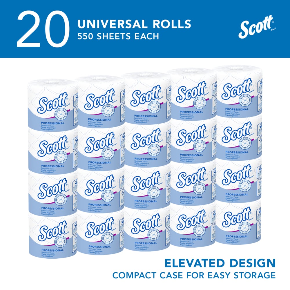 Scott® Professional Standard Roll Toilet Paper (13607), with Elevated Design, 2-Ply, White, Individually wrapped rolls, Compact Case for Easy Storage, (550 Sheets/Roll, 20 Rolls/Case, 11,000 Sheets/Case) - 13607