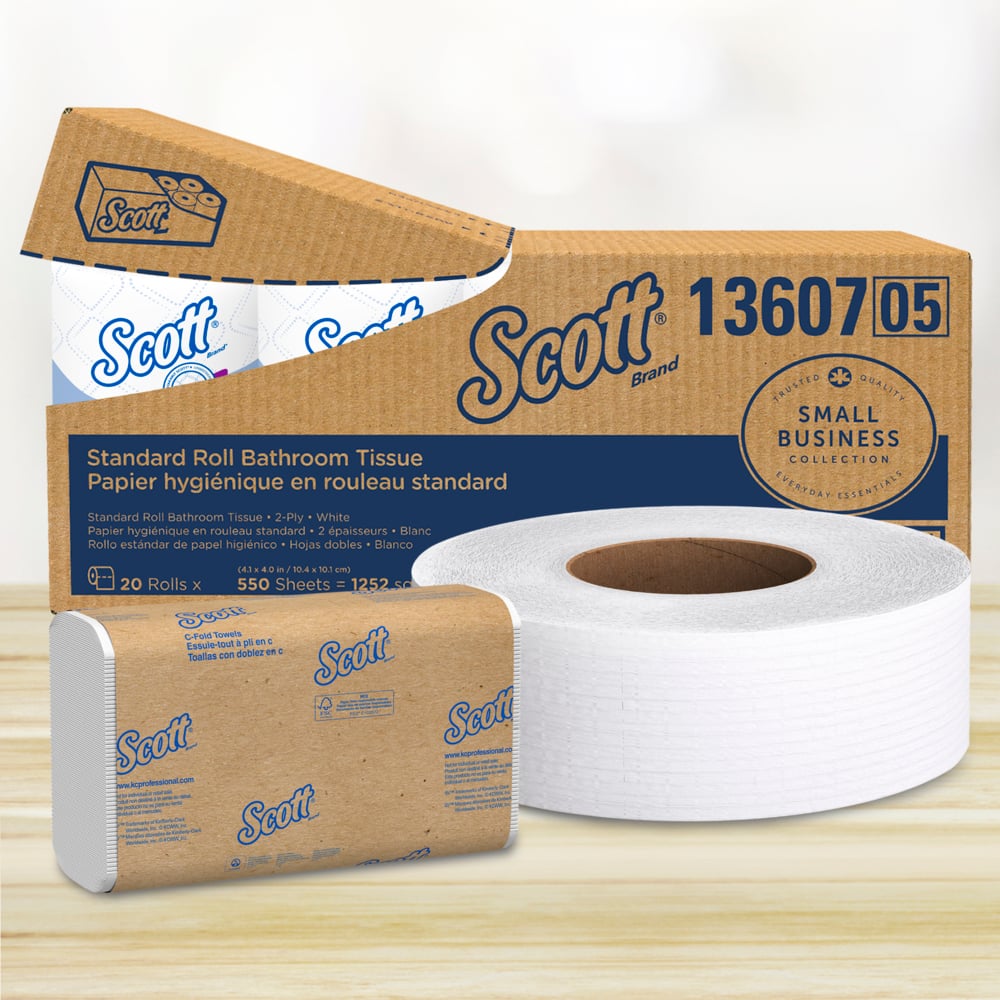 Papier hygiénique en rouleau standard® Scott Professional (13607), avec design rehaussé, 2 épaisseurs, blanc, rouleaux emballés individuellement, caisse compacte pour un stockage facile (550 feuilles/rouleau, 20 rouleaux/caisse, 11 000 feuilles/caisse) - 13607