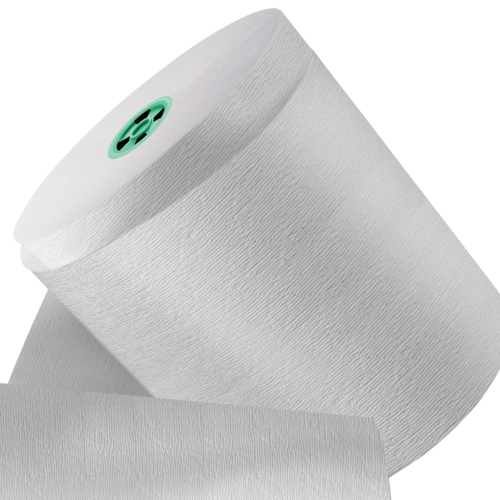 Essuie-tout en rouleau Kleenex® (25630) avec poches d’absorbance de qualité supérieure, blanc, pour distributrice (noyau vert), 700 pi/rouleau, 6 rouleau/caisse, 4 200 pi/caisse - 25630