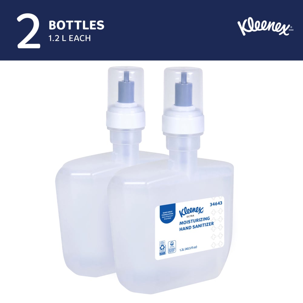 Kleenex® Ultra Moisturizing Foam Hand Sanitizer (34643), 1.2 L Clear, Unscented Automatic Hand Soap Refills for Kimberly-Clark Professional™ ICON™ and Scott® Pro Automatic Dispensers, Ecologo, NSF E-3 Rated (2 Bottles/Case) - 34643