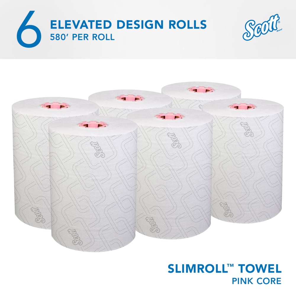 Scott® Pro™ Slimroll™ Hard Roll Towels (47032), with Absorbency Pockets™, for Pink Core Dispensers, White, (580'/Roll, 6 Rolls/Case, 3,480'/Case) - 47032