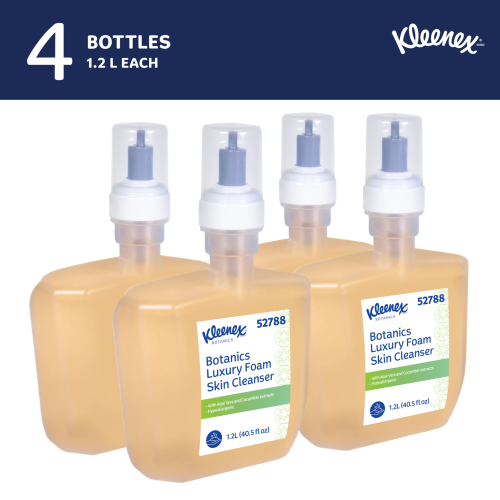 Kleenex® Botanics Luxury Foam Skin Cleanser (52788), 1.2 L Clear, Fresh Scent Automatic Hand Soap Refills for Kimberly-Clark Professional™ ICON™ and Scott® Pro™ Automatic Dispensers (4 Bottles/Case) - 52788
