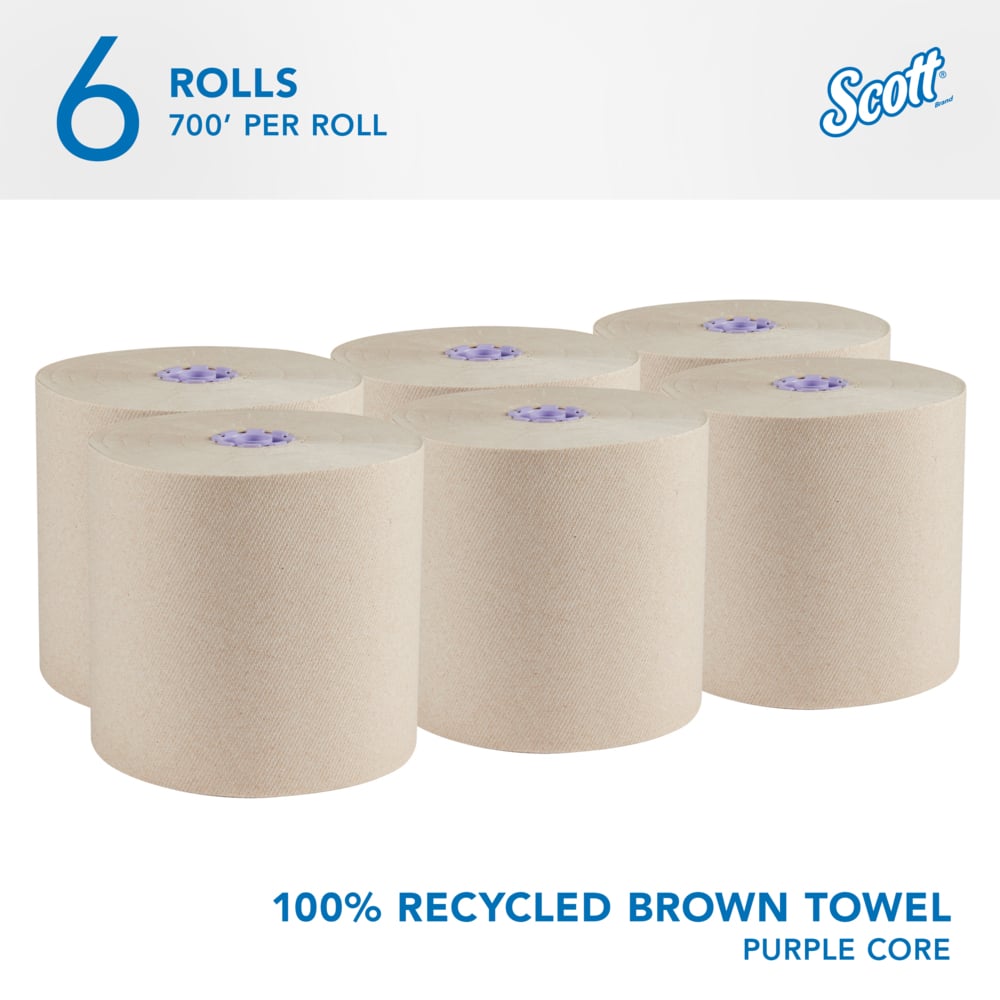 Scott® Essential 100% Recycled Brown Hard Roll Towels (54038), with Absorbency Pockets™, for Purple Core Dispensers, (700'/Roll, 6 Rolls/Case, 4,200'/Case) - 54038