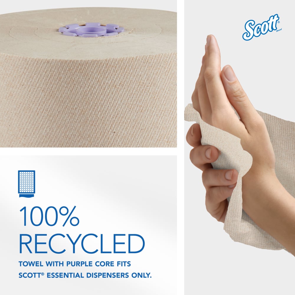 Scott® Essential 100% Recycled Brown Hard Roll Towels (54038), with Absorbency Pockets™, for Purple Core Dispensers, (700'/Roll, 6 Rolls/Case, 4,200'/Case) - 54038