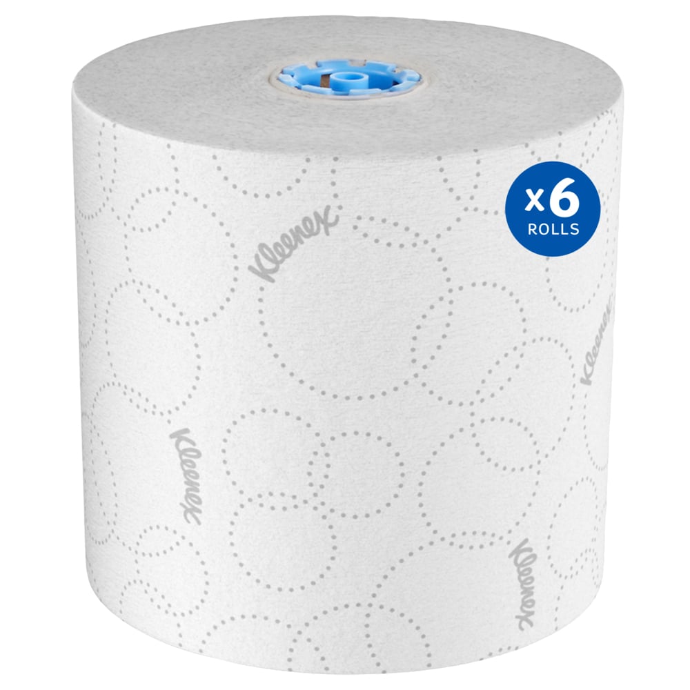 Essuie-mains en rouleau Kleenex® (54471), 2 épaisseurs, avec design rehaussé et technologie Premium Absorbency Pockets™ pour les distributrices avec mandrin bleu; blancs (500 pi/rouleau, 6 rouleaux/caisse, 3 000 pi/caisse) - 54471