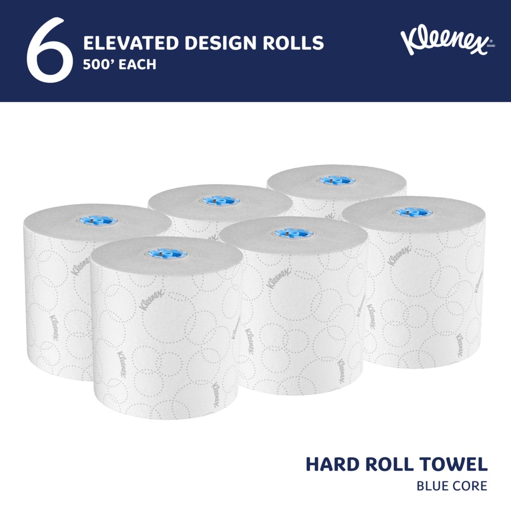 Kleenex® Hard Roll Paper Towels (54471), 2-Ply, with Elevated Design and Premium Absorbency Pockets™, for Blue Core Dispensers, White, (500'/Roll, 6 Rolls/Case, 3,000'/Case) - 54471