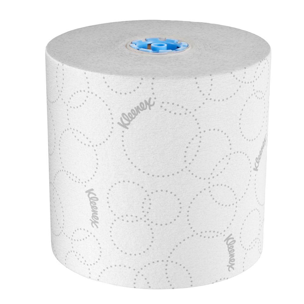 Essuie-mains en rouleau Kleenex® (54471), 2 épaisseurs, avec design rehaussé et technologie Premium Absorbency Pockets™ pour les distributrices avec mandrin bleu; blancs (500 pi/rouleau, 6 rouleaux/caisse, 3 000 pi/caisse) - 54471