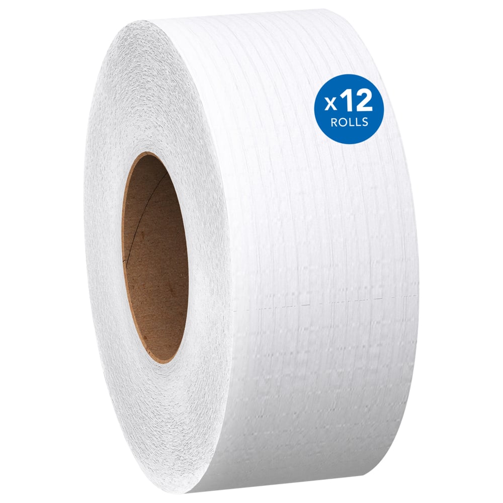 Papier hygiénique en rouleau format géant grande capacité en fibres recyclées à 100 % Scott® (67805), 2 épaisseurs, blanc, non perforé, (1 000 pi/rouleau, 12 rouleaux/caisse, 12 000 pi/caisse);Papier hygiénique commercial en rouleau format géant Scott Essential (67805), fibres recyclées à 100 %, 2 épaisseurs, blanc, 12 rouleaux/caisse, 1 000 po/rouleau - 67805