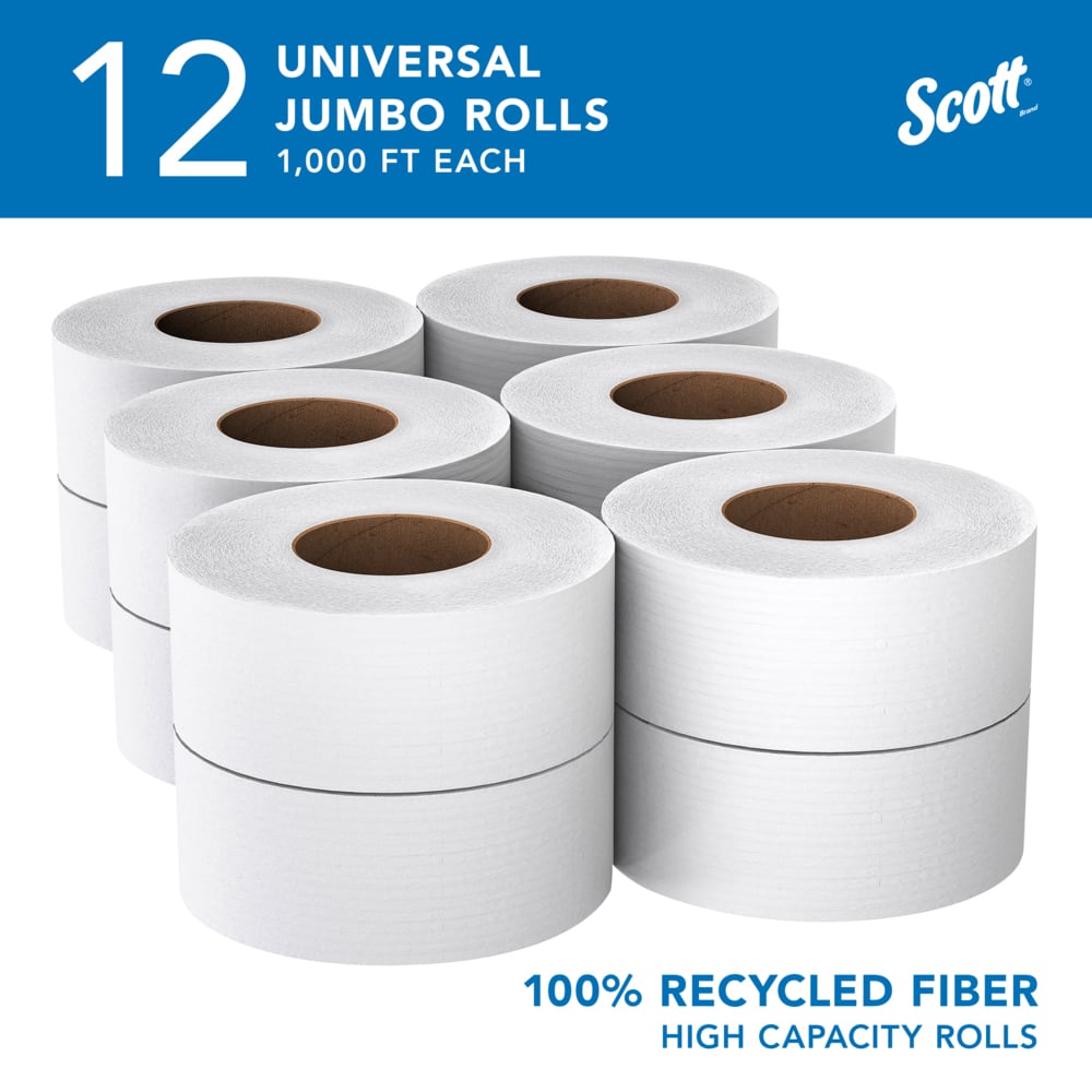 Scott® 100% Recycled Fiber High-Capacity Jumbo Roll Toilet Paper (67805), 2-Ply, White, Non-perforated, (1,000'/Roll, 12 Rolls/Case, 12,000'/Case) - 67805