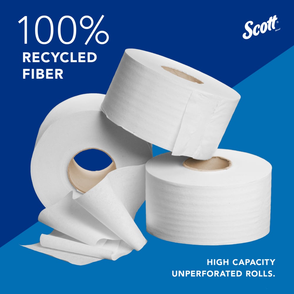 Scott® 100% Recycled Fiber High-Capacity Jumbo Roll Toilet Paper (67805), 2-Ply, White, Non-perforated, (1,000'/Roll, 12 Rolls/Case, 12,000'/Case) - 67805