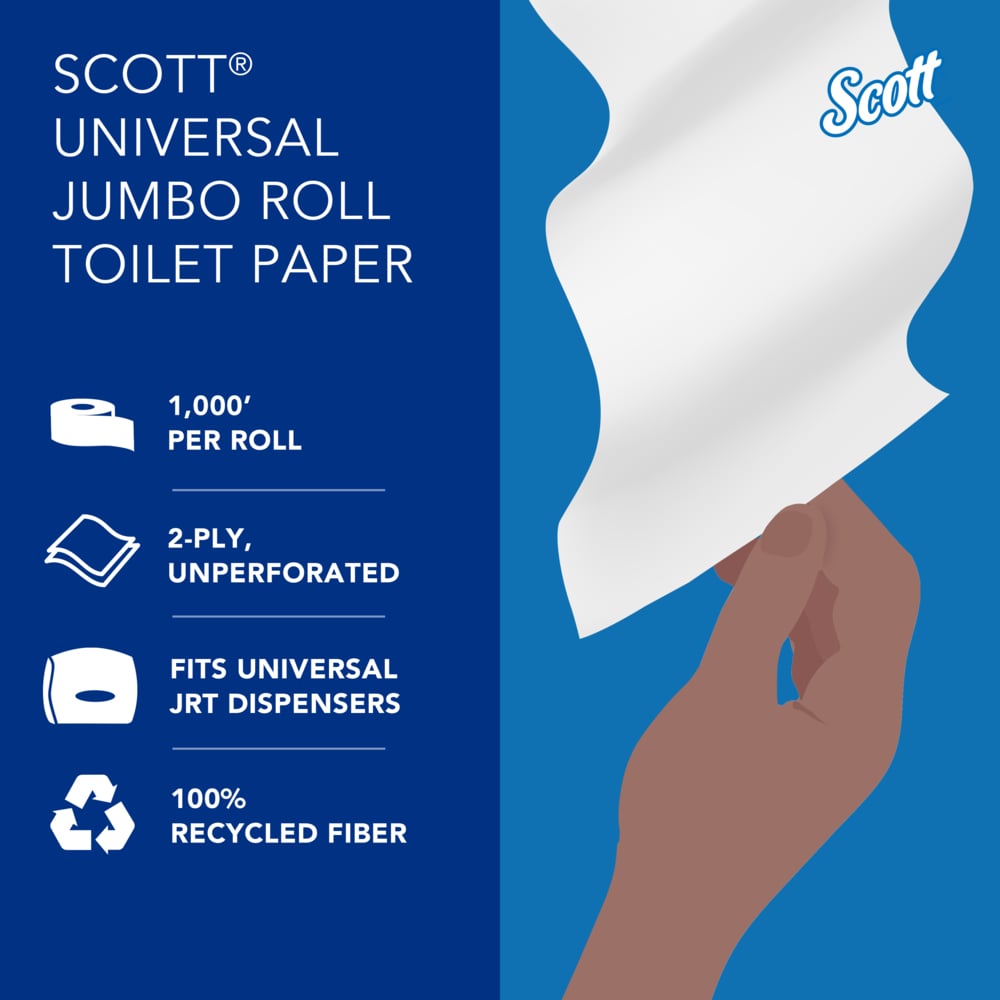 Scott® 100% Recycled Fiber High-Capacity Jumbo Roll Toilet Paper (67805), 2-Ply, White, Non-perforated, (1,000'/Roll, 12 Rolls/Case, 12,000'/Case) - 67805