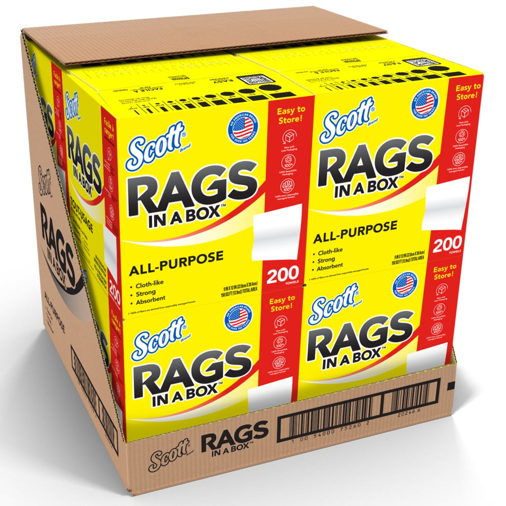 Scott® Rags In A Box™ (75260), All-Purpose Towels, 9"x12" sheets, Pop-Up™ Box (200 Towels/Box, 8 Boxes/Case, 1,600 Towels/Case) - 75260