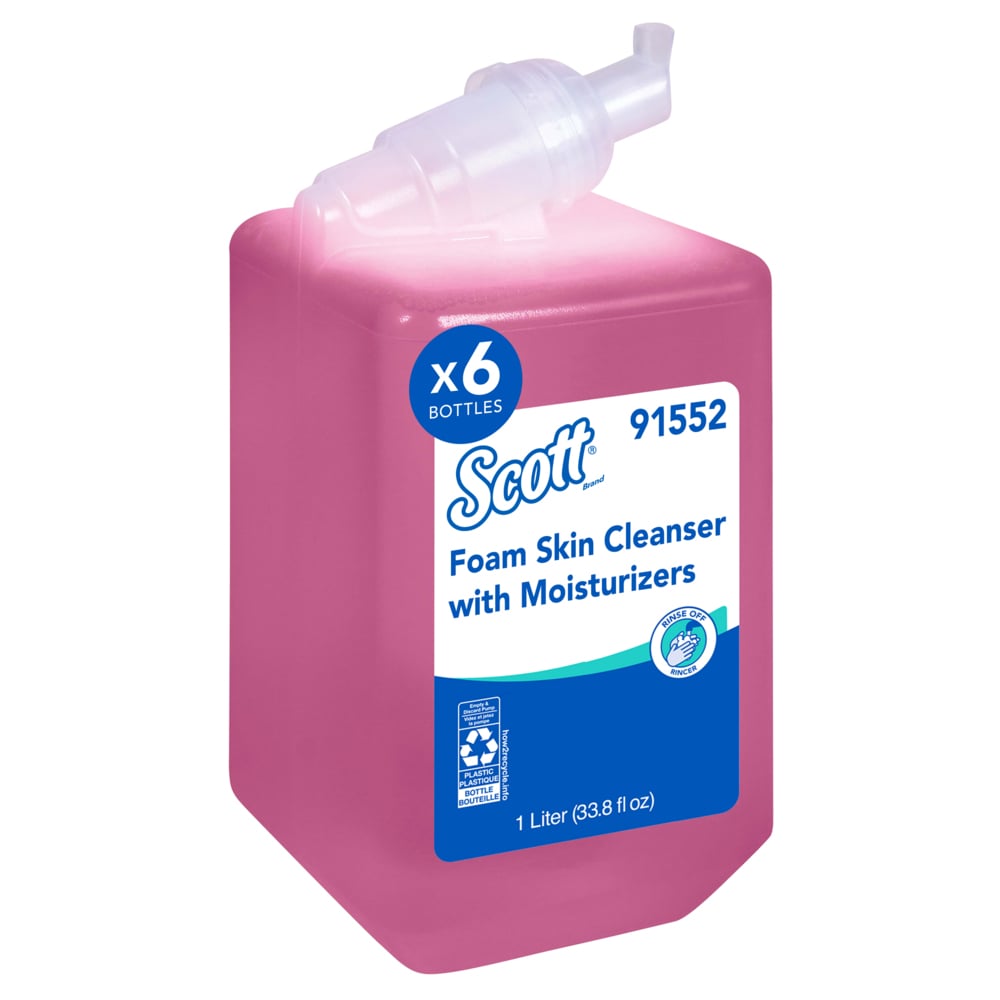 Savon pour les mains en mousse Scott® avec agents hydratants (91552), recharge manuelle de savon pour les mains de 1 litre rose, au parfum floral pour les distributrices manuelles Scott® Essential compatibles (6 bouteilles/caisse) - 91552