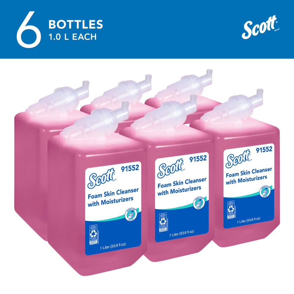 Scott® Foam Hand Soap with Moisturizers (91552), 1.0 L Pink, Floral Scent Manual Hand Soap Refills for compatible Scott® Essential Manual Dispensers (6 Bottles/Case) - 91552