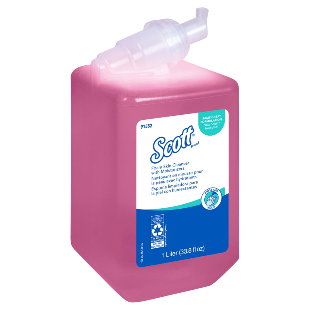 Savon pour les mains en mousse Scott® avec agents hydratants (91552), recharge manuelle de savon pour les mains de 1 litre rose, au parfum floral pour les distributrices manuelles Scott® Essential compatibles (6 bouteilles/caisse) - 91552