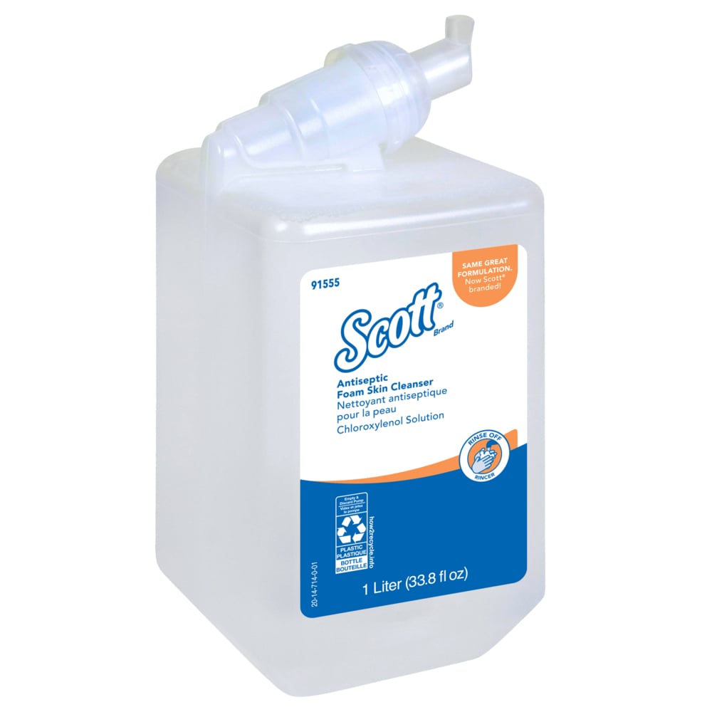 Scott® Antiseptic Foam Skin Cleanser (91555), 1.0 L Manual Hand Soap Refills, Clear, No Fragrance Added, 1.75% PCMX, NSF E-2 Rated, (6 Bottles/Case) - 91555