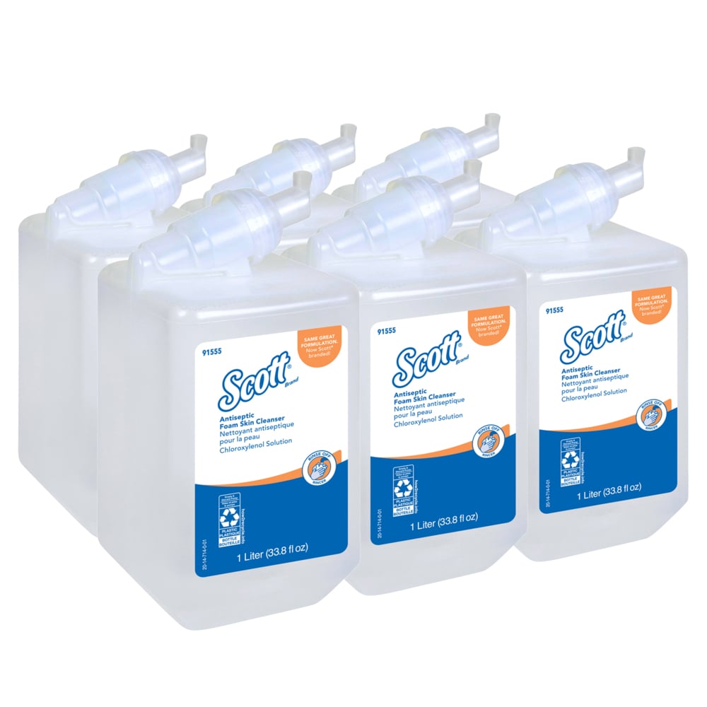 Scott® Antiseptic Foam Skin Cleanser (91555), 1.0 L Manual Hand Soap Refills, Clear, No Fragrance Added, 1.75% PCMX, NSF E-2 Rated, (6 Bottles/Case) - 91555