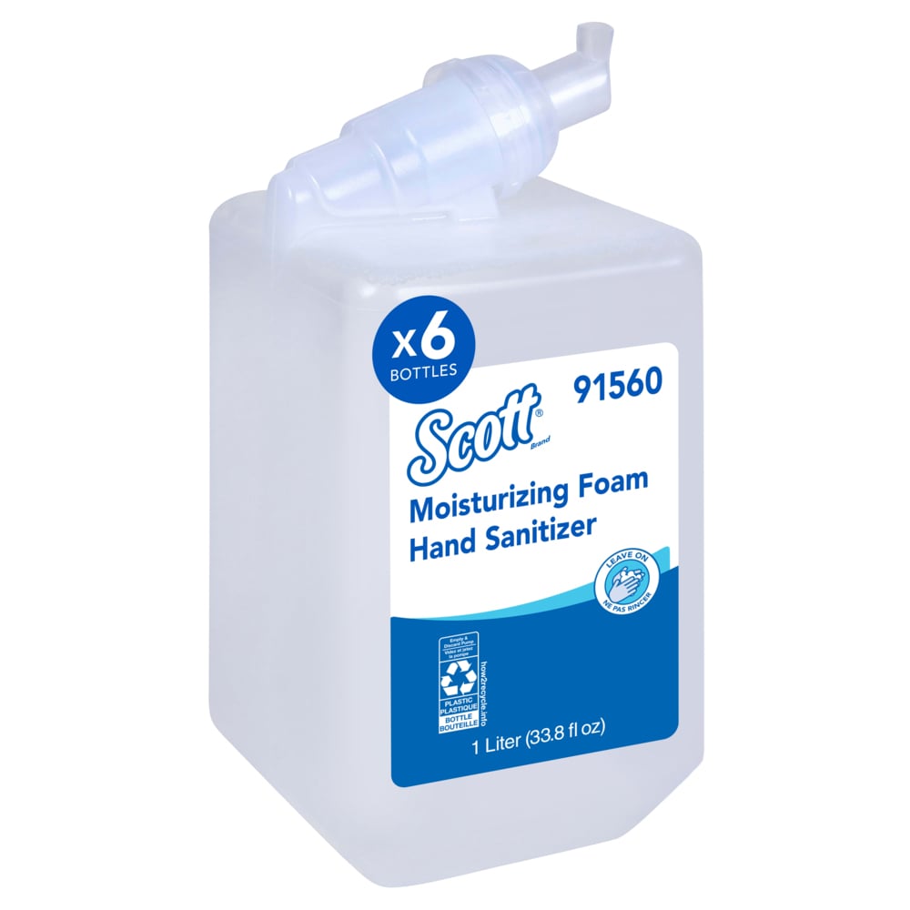 Désinfectant hydratant en mousse pour les mains Scott® (91560), recharges manuelles de savon pour les mains transparent et au parfum frais de 1 litre pour les distributrices manuelles Scott® Essential, Ecologo, certifié E3 par la NSF (6 bouteilles/caisse);Désinfectant hydratant en mousse pour les mains Scott Pro, certifié E3 (91560), transparent, fragrance fraîche, 1 L, 6 unités/caisse - 91560