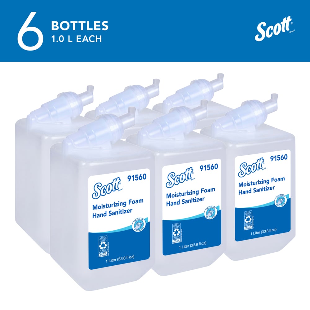 Scott® Moisturizing Foam Hand Sanitizer (91560), 1.0 L Clear, Fresh Scent Manual Hand Soap Refills for compatible Scott® Essential Manual Dispensers, NSF E-3 Rated (6 Bottles/Case) - 91560