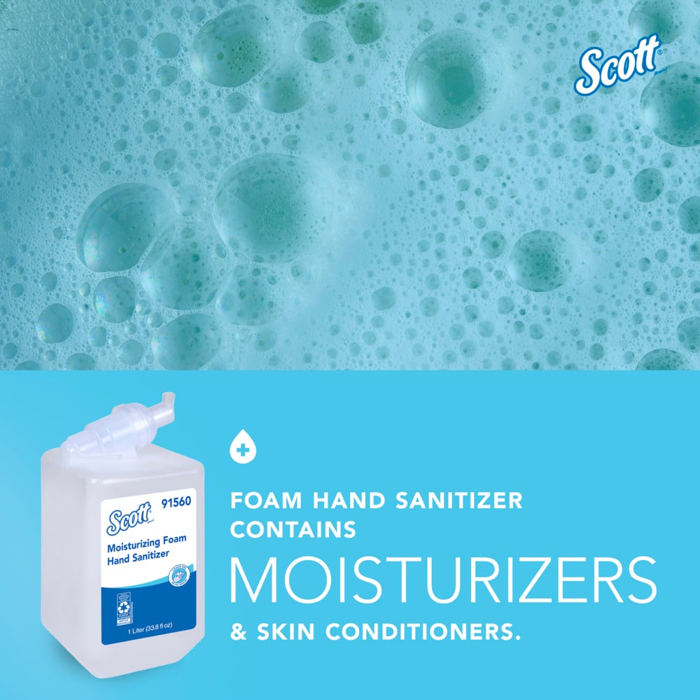 Scott® Moisturizing Foam Hand Sanitizer (91560), 1.0 L Clear, Fresh Scent Manual Hand Soap Refills for compatible Scott® Essential Manual Dispensers, NSF E-3 Rated (6 Bottles/Case) - 91560