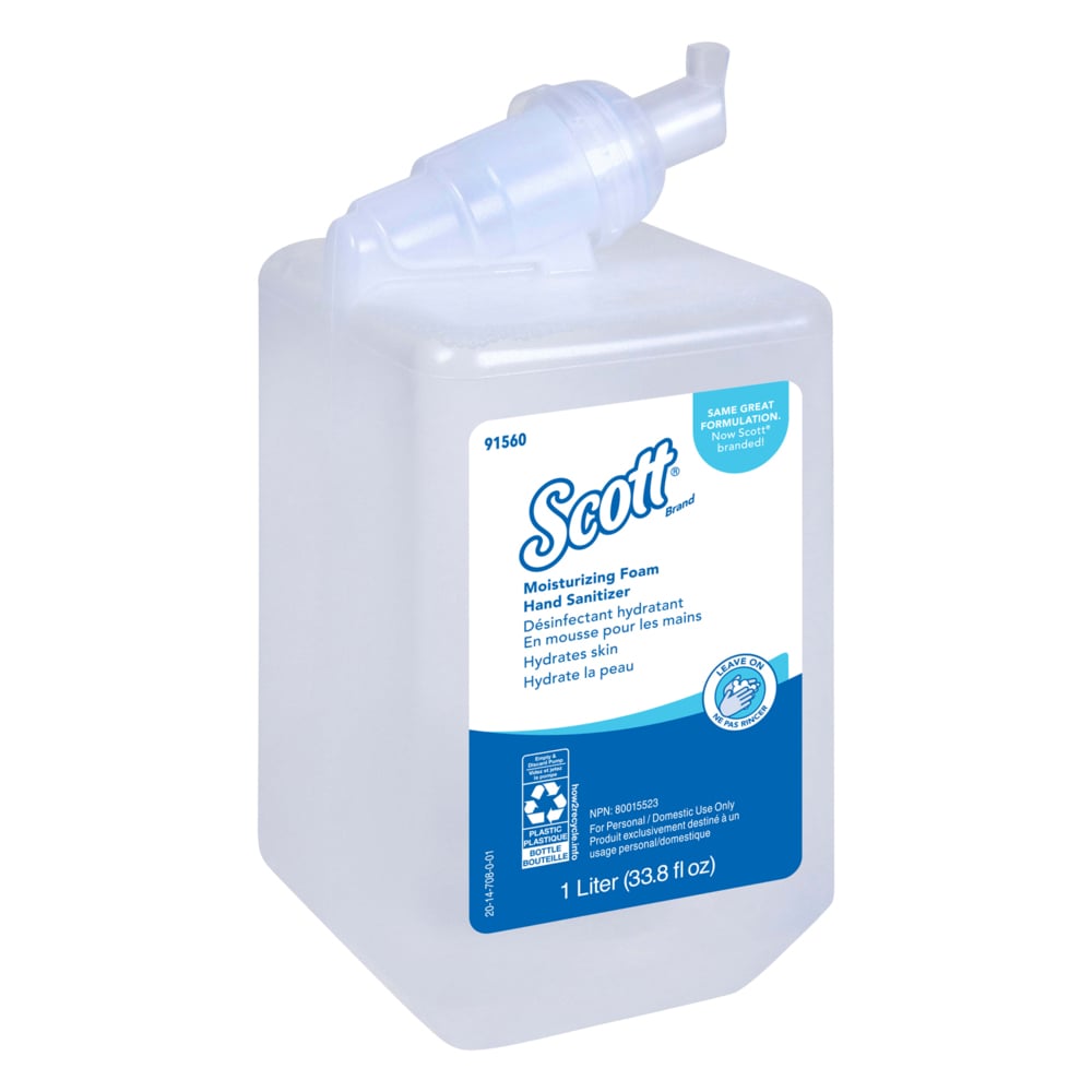 Désinfectant hydratant en mousse pour les mains Scott® (91560), recharges manuelles de savon pour les mains transparent et au parfum frais de 1 litre pour les distributrices manuelles Scott® Essential, Ecologo, certifié E3 par la NSF (6 bouteilles/caisse) - 91560