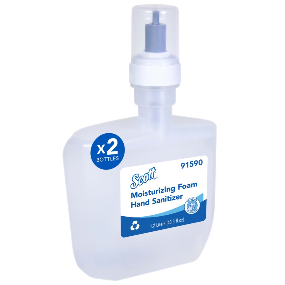 Désinfectant hydratant en mousse pour les mains Scott® (91590), recharges de savon pour les mains de 1,2 L, transparent au parfum frais pour les distributrices automatiques Kimberly-Clark Professional™ ICON™ et Scott® Pro™, certifié E3 par la NSF (2 bouteilles/caisse) - 91590