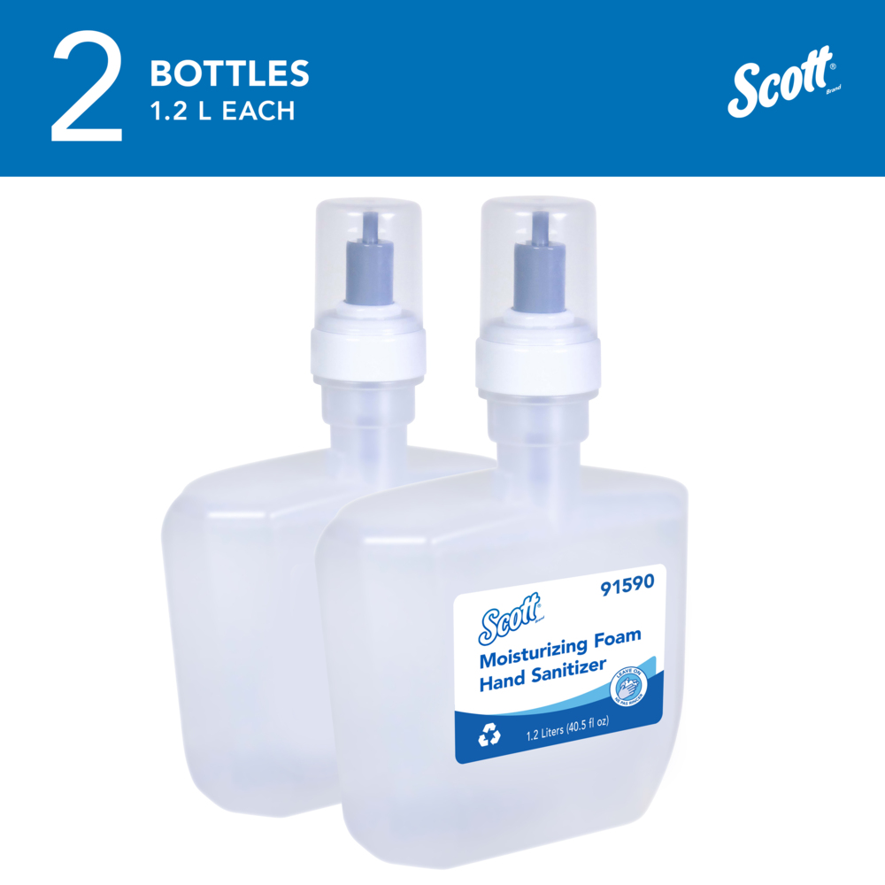 Scott® Moisturizing Foam Hand Sanitizer (91590), 1.2 L Clear, Fresh Scent Automatic Hand Soap Refills for Kimberly-Clark Professional™ ICON™ and Scott® Pro™ Automatic Dispensers, NSF E-3 Rated (2 Bottles/Case) - 91590