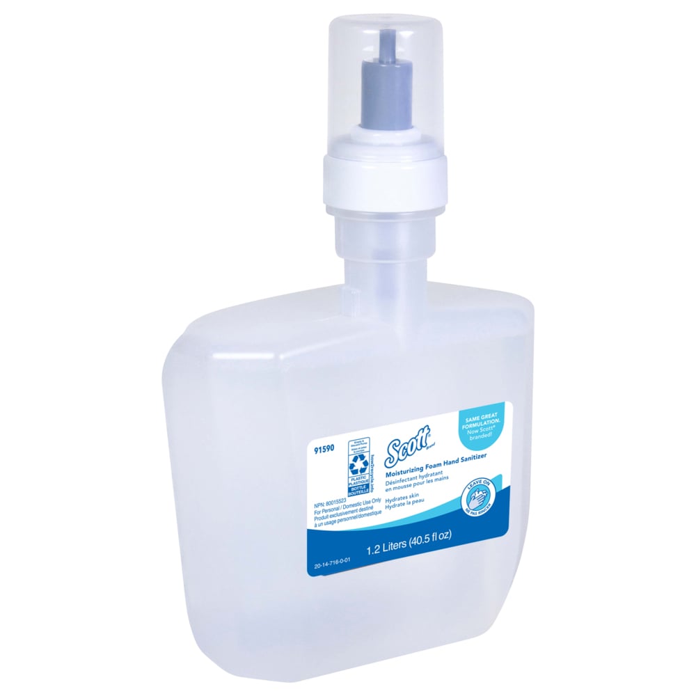 Désinfectant hydratant en mousse pour les mains Scott® (91590), recharges de savon pour les mains de 1,2 L, transparent au parfum frais pour les distributrices automatiques Kimberly-Clark Professional™ ICON™ et Scott® Pro™, certifié E3 par la NSF (2 bouteilles/caisse) - 91590