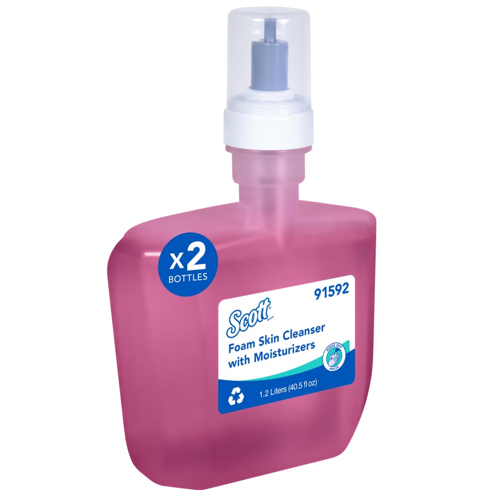 Savon moussant pour les mains avec agents hydratant de Scott® (91592), recharge automatique de savon pour les mains de 1,2 litre rose, parfum floral pour les distributrices automatiques Kimberly-Clark Professional™ ICON™ et Scott® Pro™ (2 bouteilles/caisse)