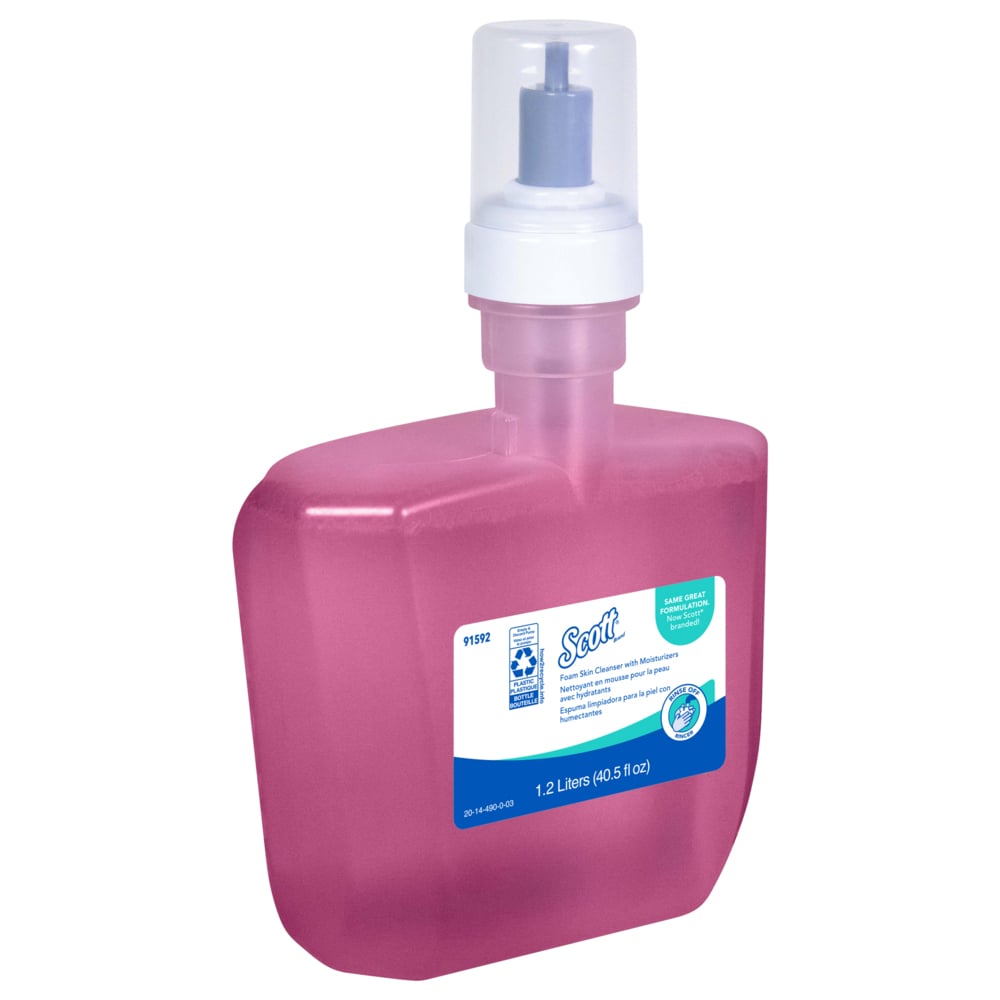 Savon moussant pour les mains avec agents hydratant de Scott® (91592), recharge automatique de savon pour les mains de 1,2 litre rose, parfum floral pour les distributrices automatiques Kimberly-Clark Professional™ ICON™ et Scott® Pro™ (2 bouteilles/caisse) - 91592